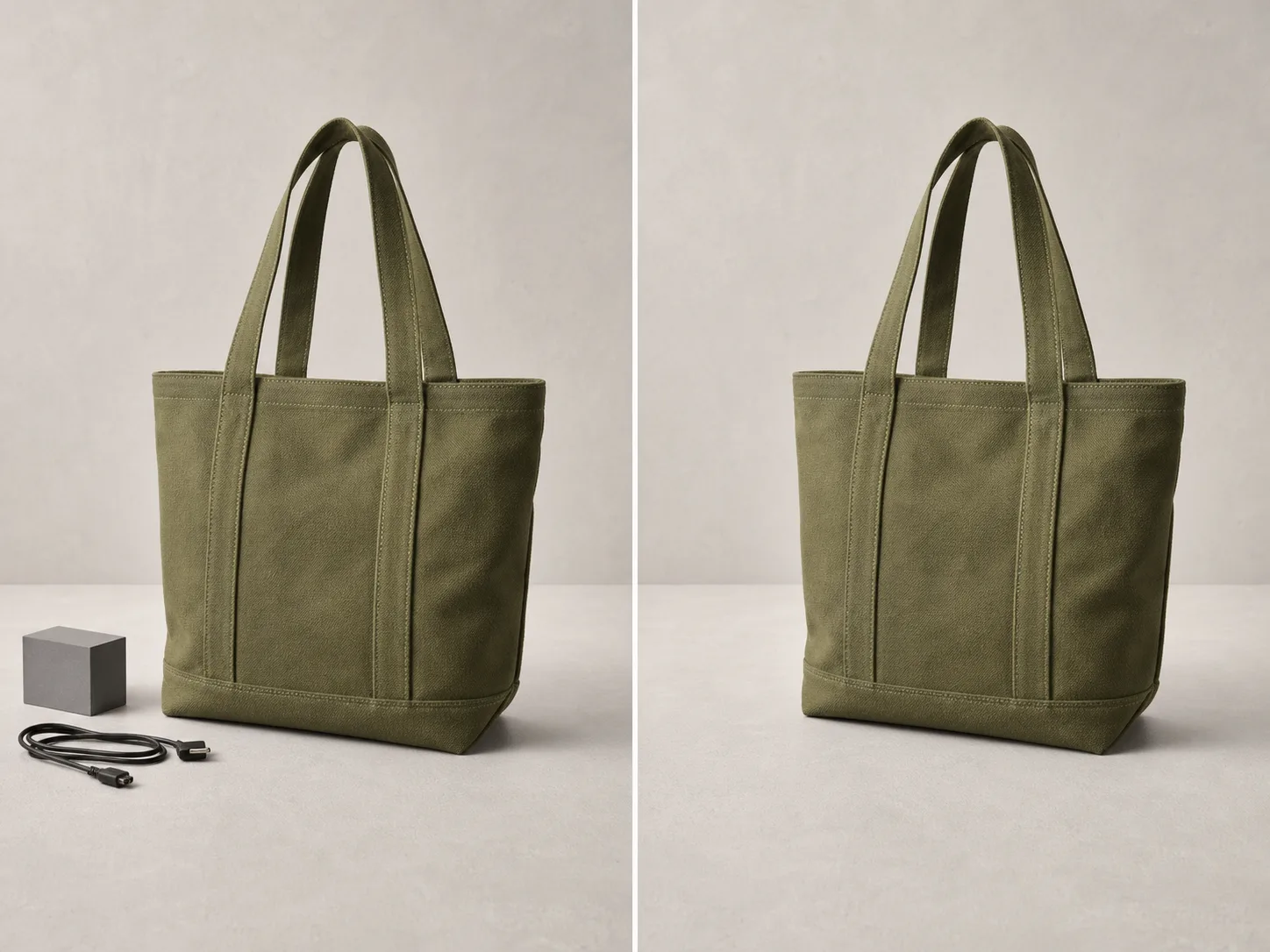 An olive canvas tote bag before and after a gray styling block and black cable are removed