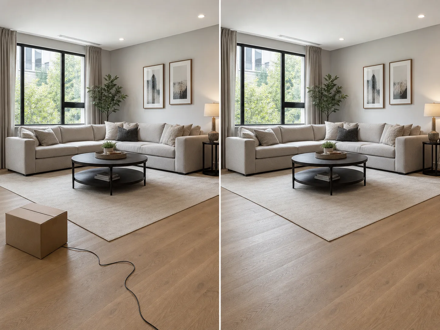 A bright living room before and after a small moving box and loose floor cable are removed