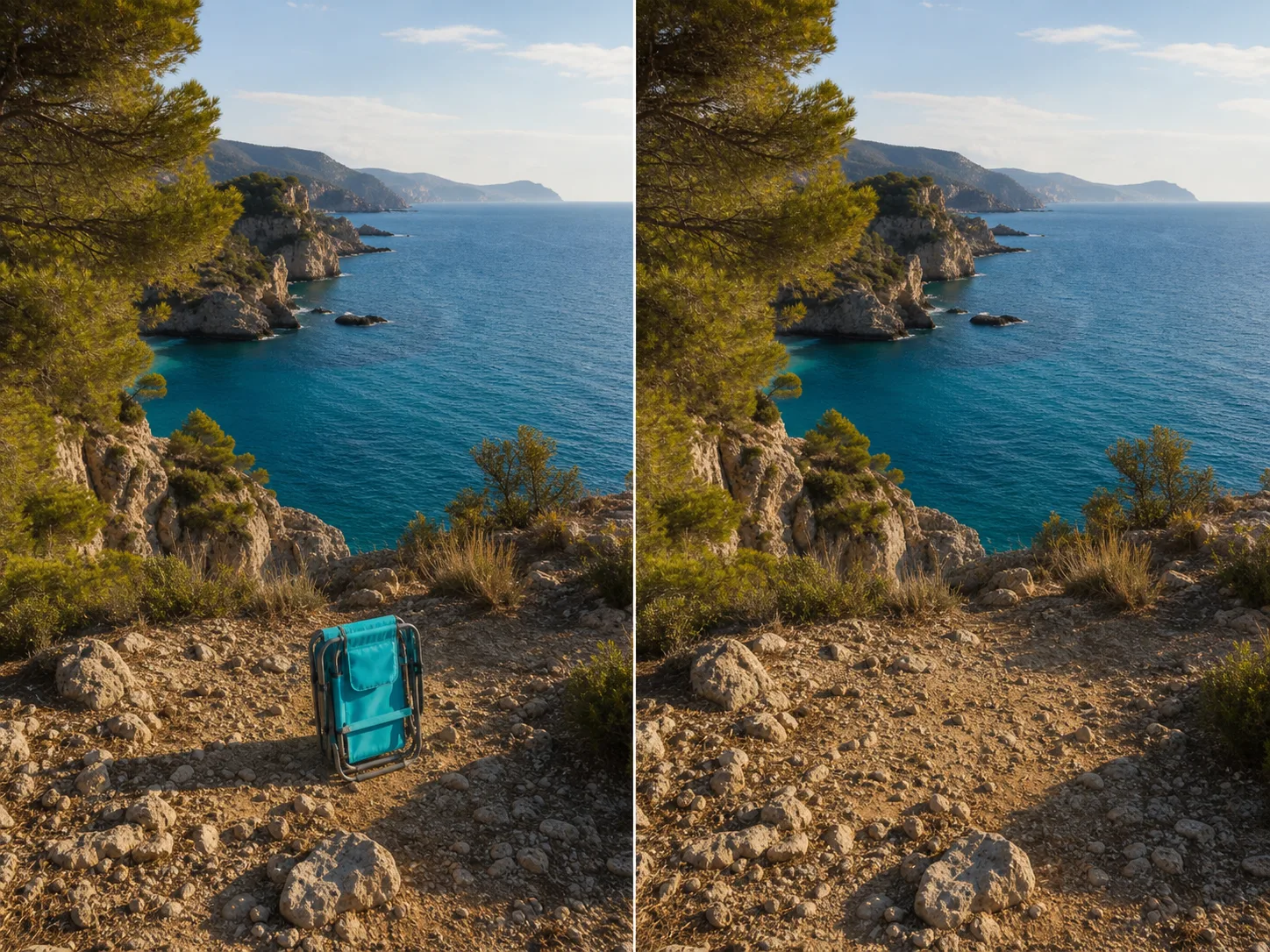 A Mediterranean cliff viewpoint before and after a folded teal beach chair is removed