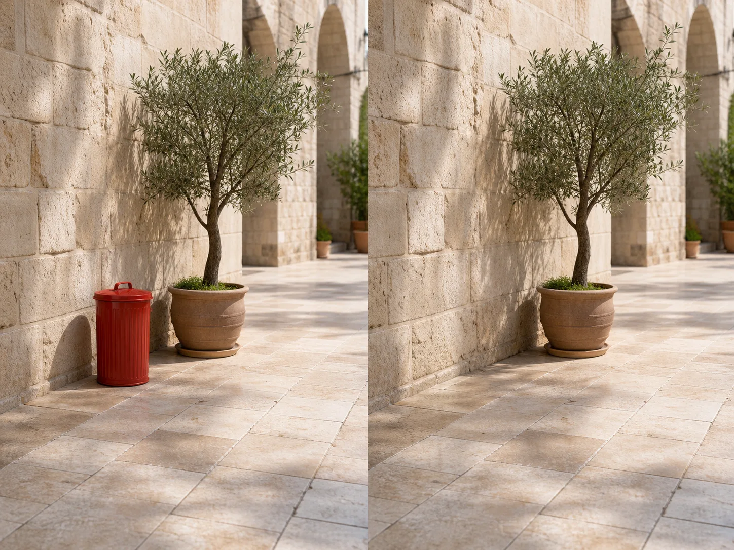A red bin beside a courtyard olive tree before removal and the same reconstructed stone scene afterward