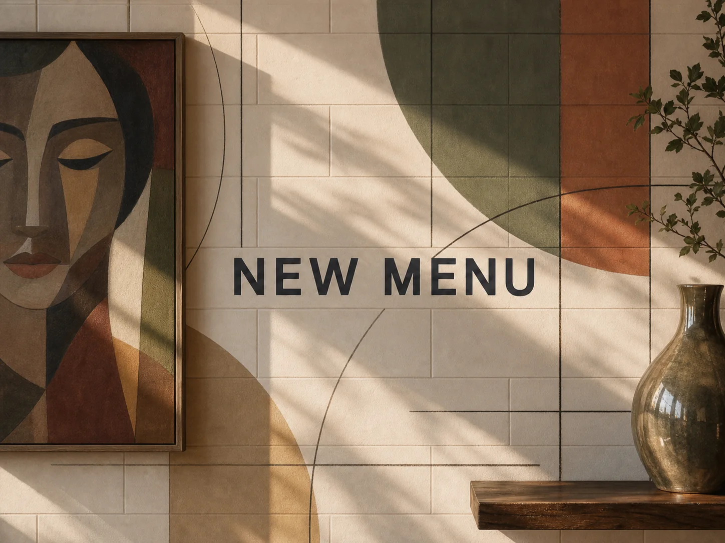 Avoid example with the words NEW MENU crossing a fictional portrait, detailed mural, and reflective vase