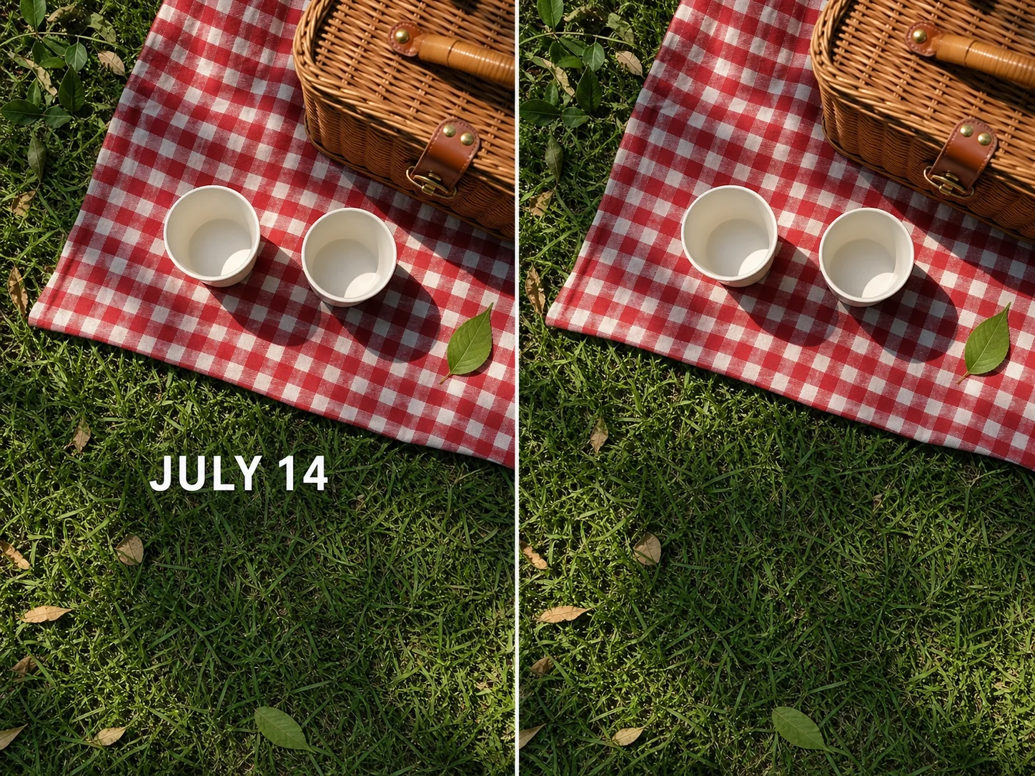 A fictional picnic photograph with the date JULY 14 before removal and reconstructed grass and blanket texture after removal