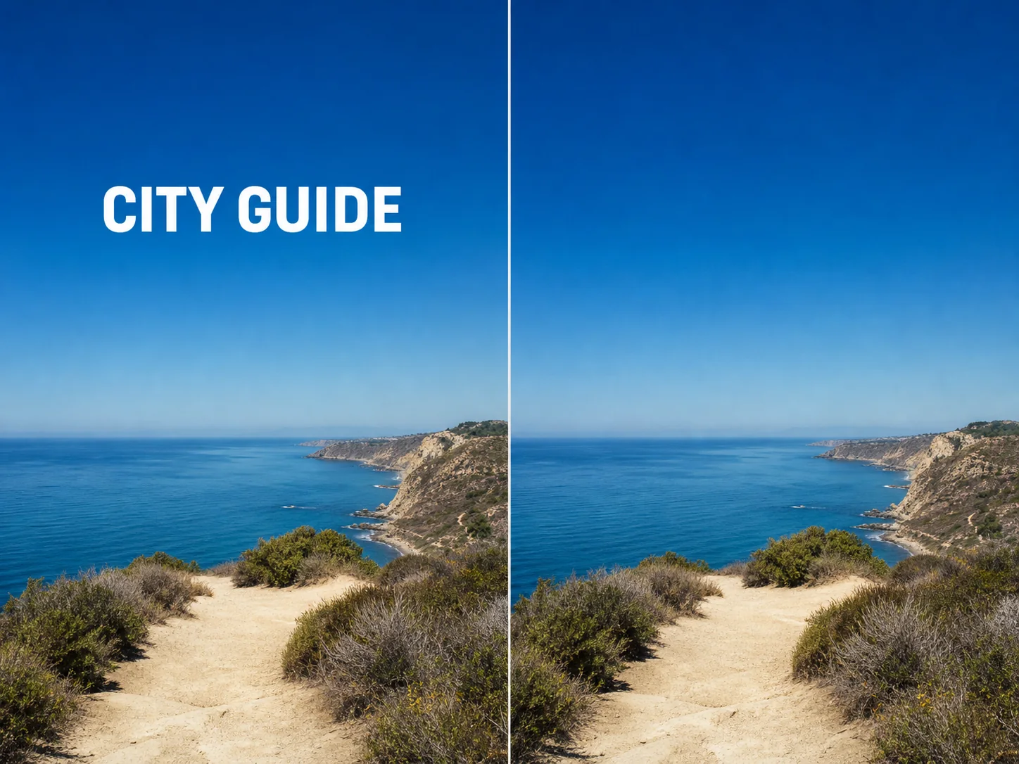 A fictional coastal postcard with the caption CITY GUIDE before removal and clean reconstructed sky and water after removal