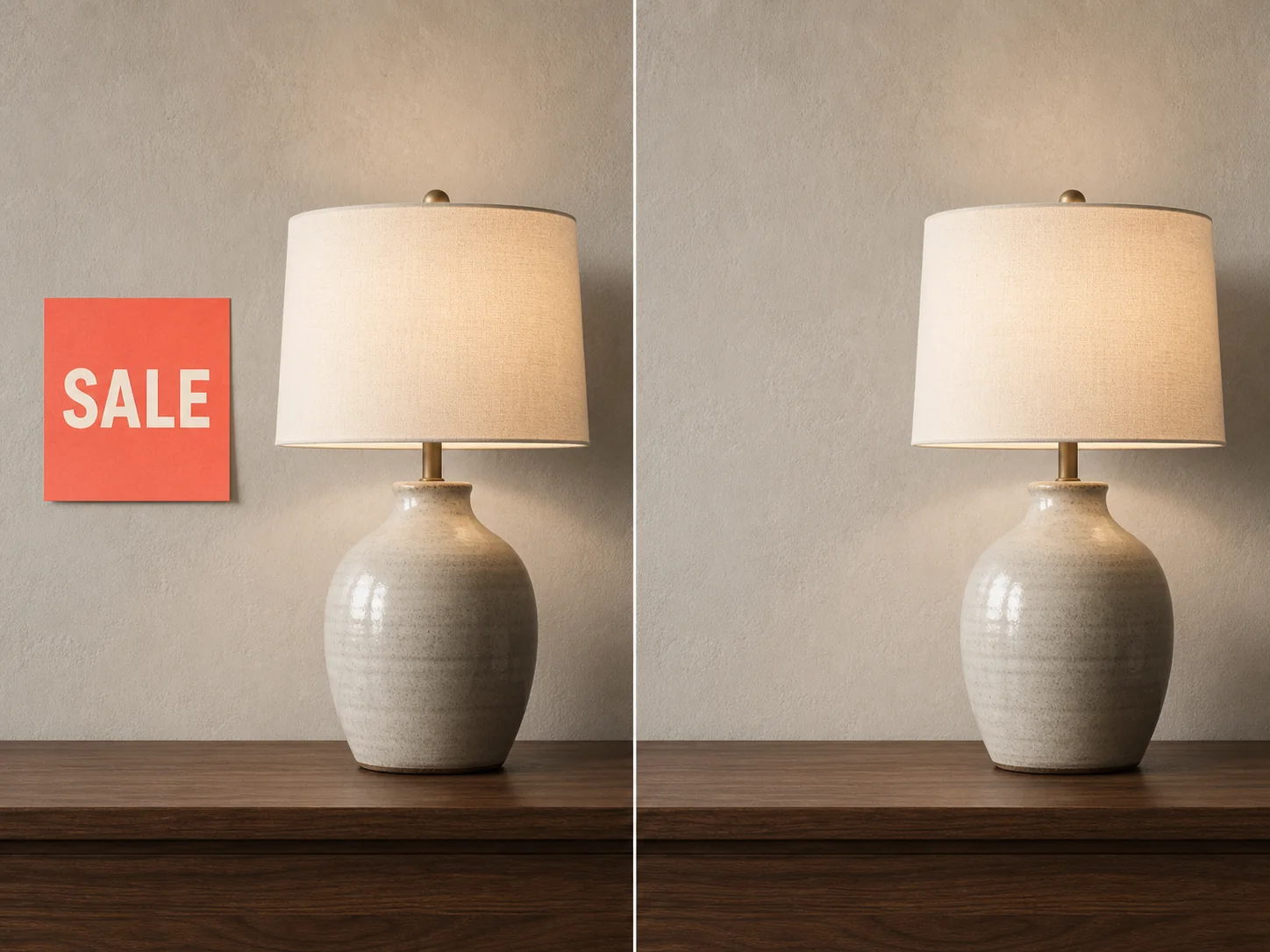 An unbranded ceramic lamp photo with a temporary SALE note before removal and the restored wall and tabletop after removal
