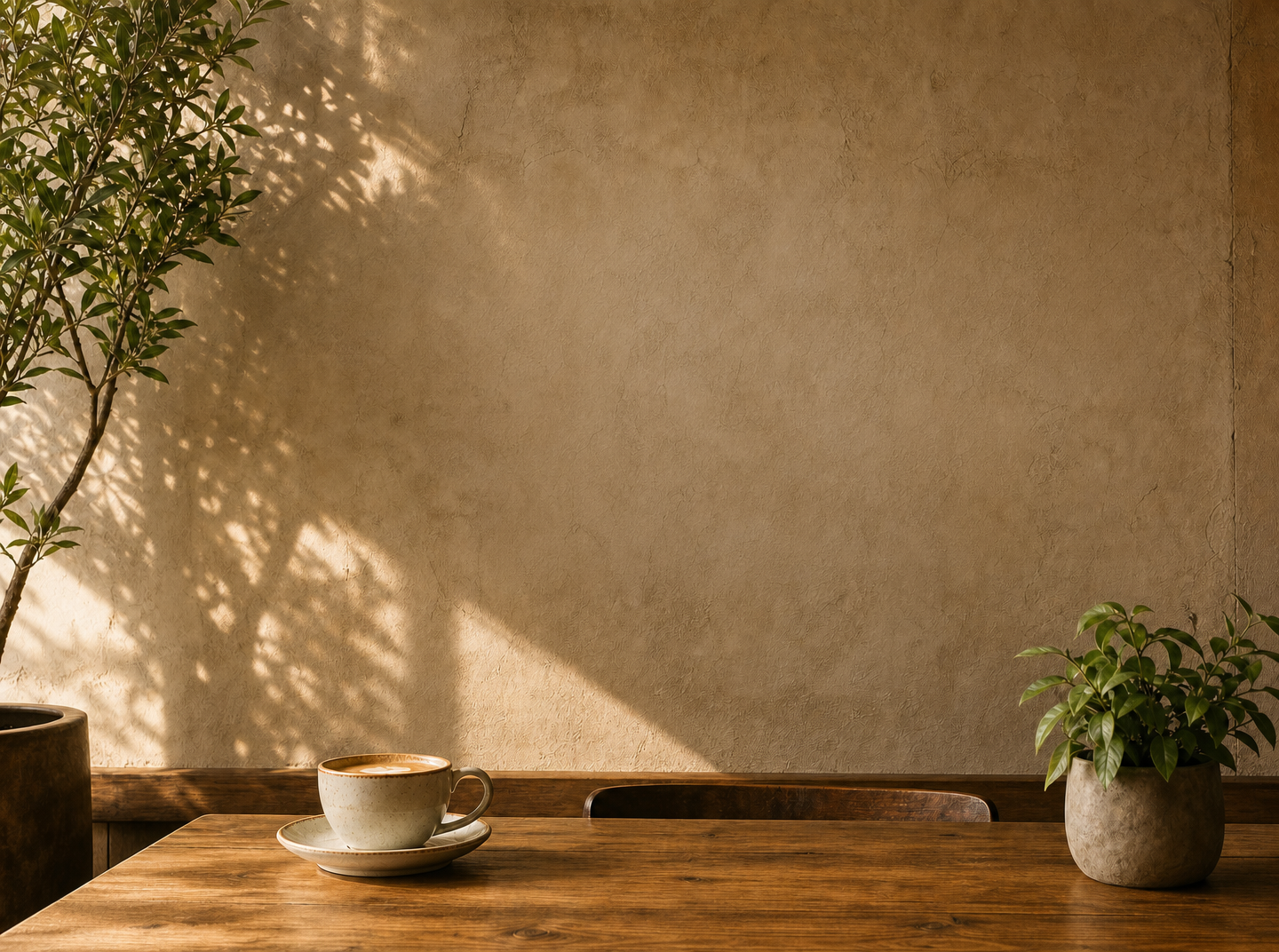 The same sunlit cafe wall after the lettering has been removed and the plaster reconstructed