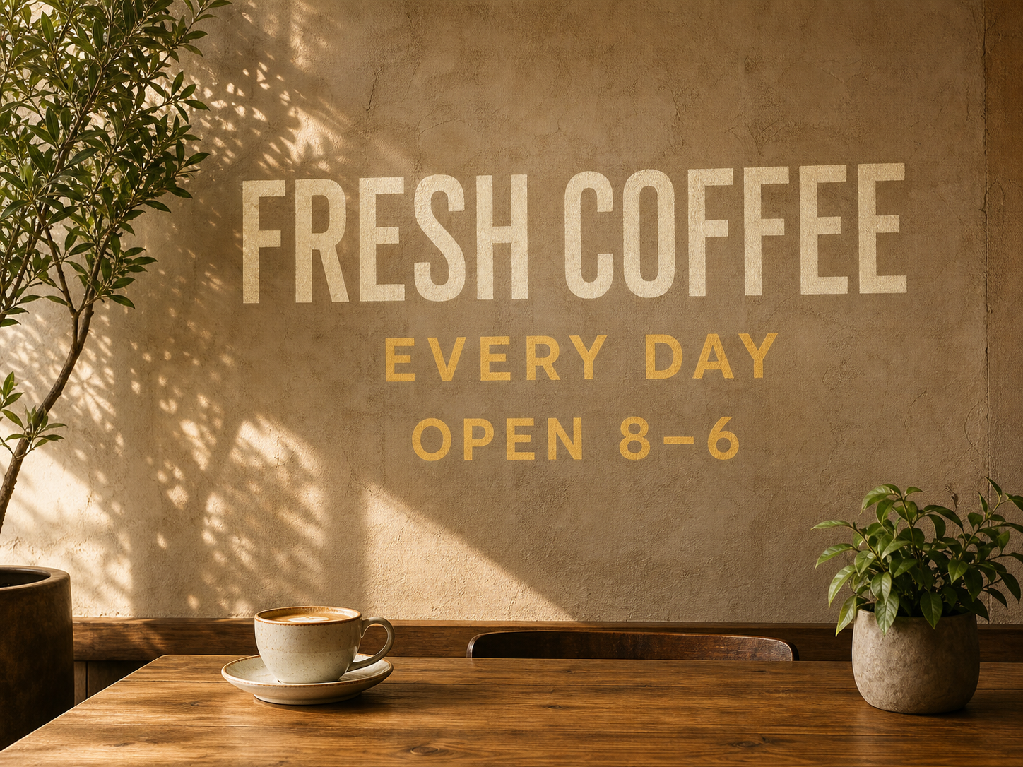 A sunlit cafe wall displaying the words Fresh Coffee, Every Day, and Open 8–6