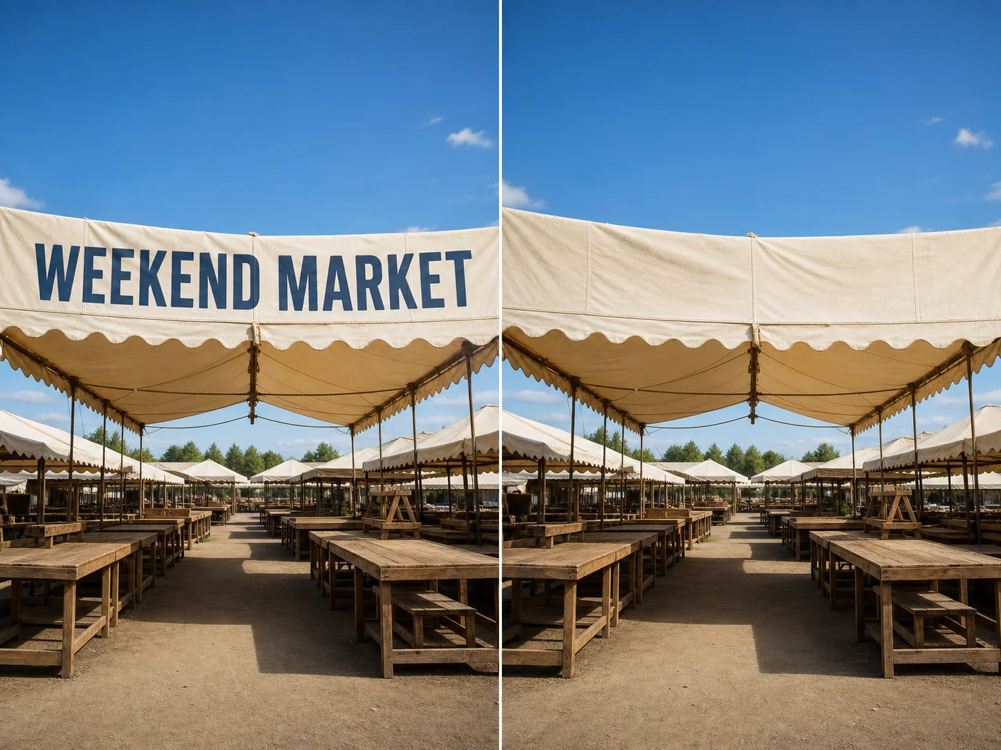 A fictional summer market campaign image with the words WEEKEND MARKET before removal and restored canvas awning and sky after removal