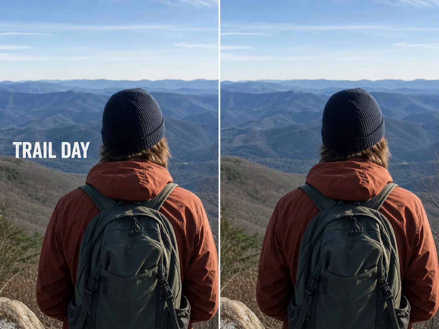 A fictional hiking photo with the caption TRAIL DAY before removal and reconstructed mountain detail after removal