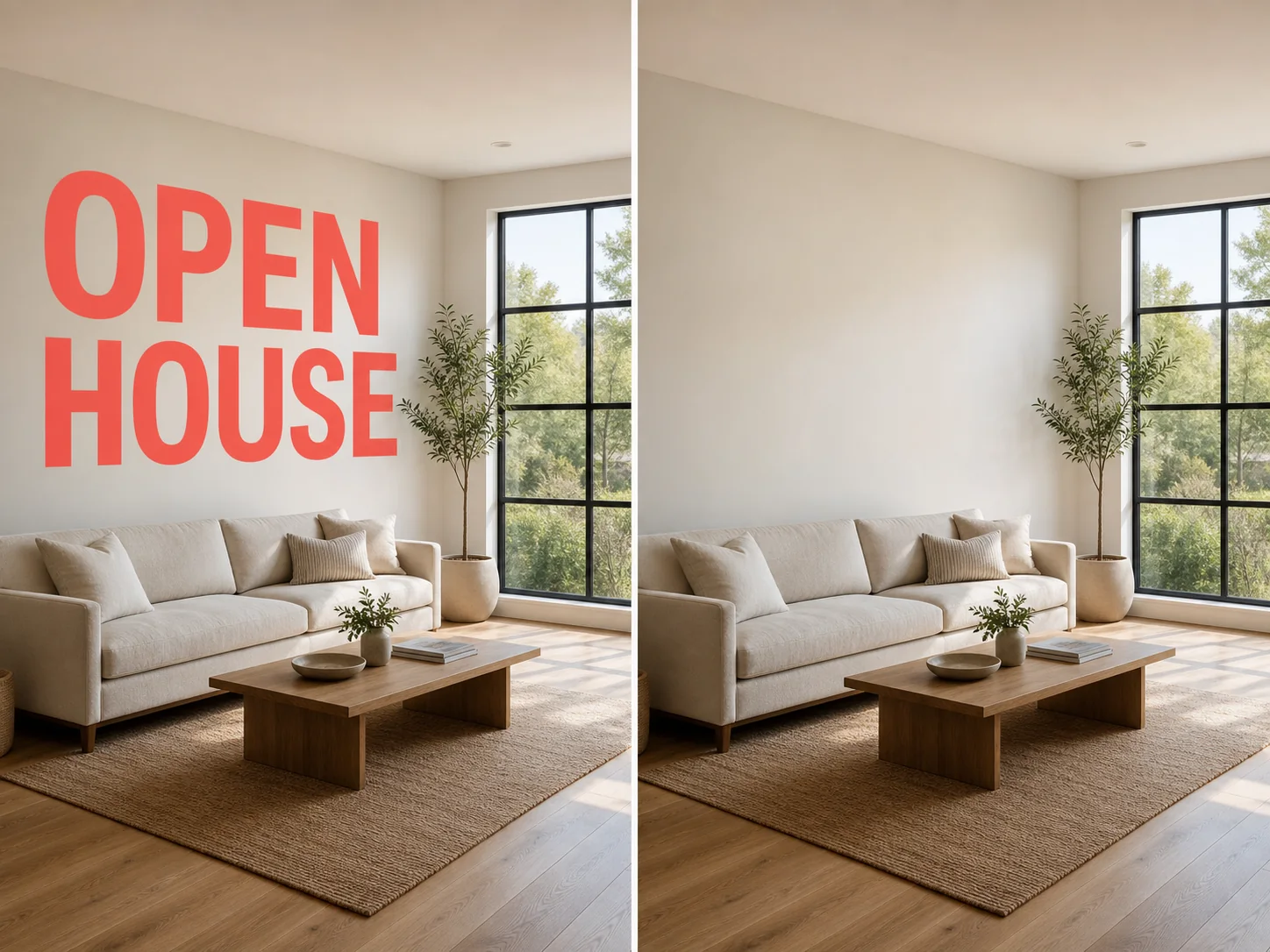 A fictional living room listing photo with an OPEN HOUSE overlay before removal and reconstructed window and wall detail after removal