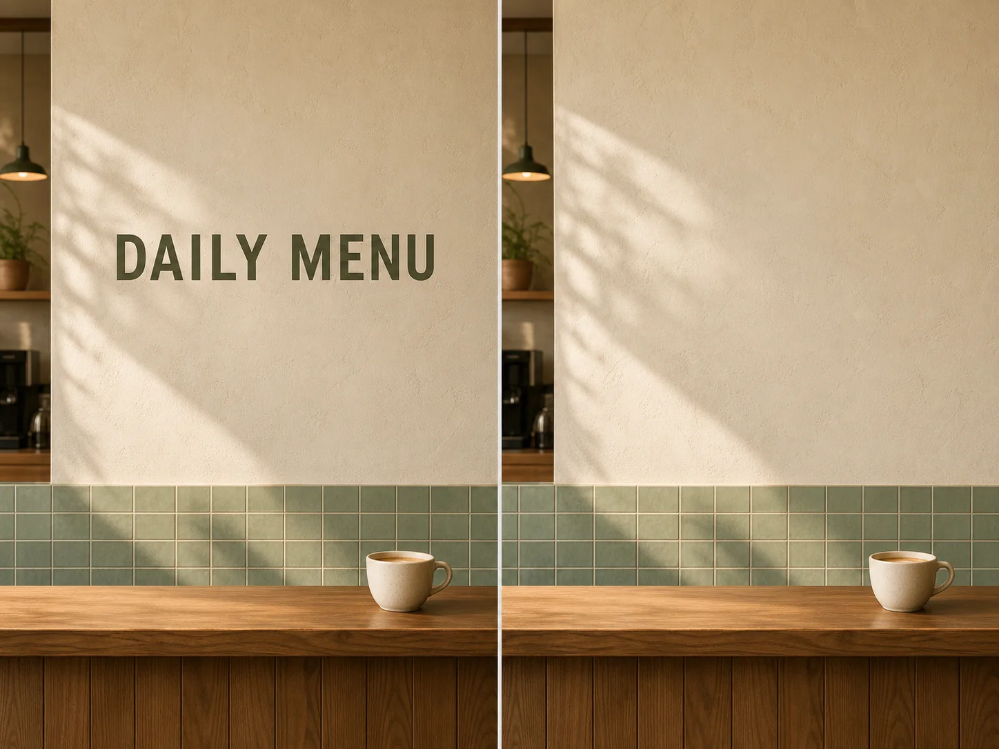 A fictional cafe wall with the words DAILY MENU before removal and the reconstructed plaster and tile after removal