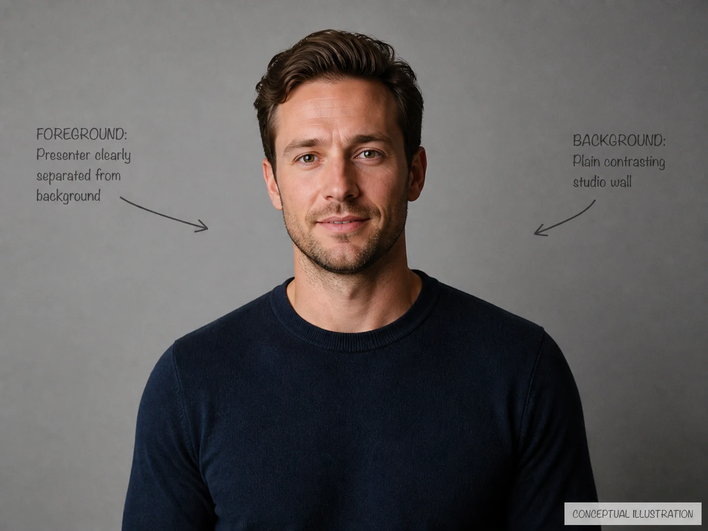 Recommended conceptual talking-head frame with a readable shoulder outline and uncluttered background