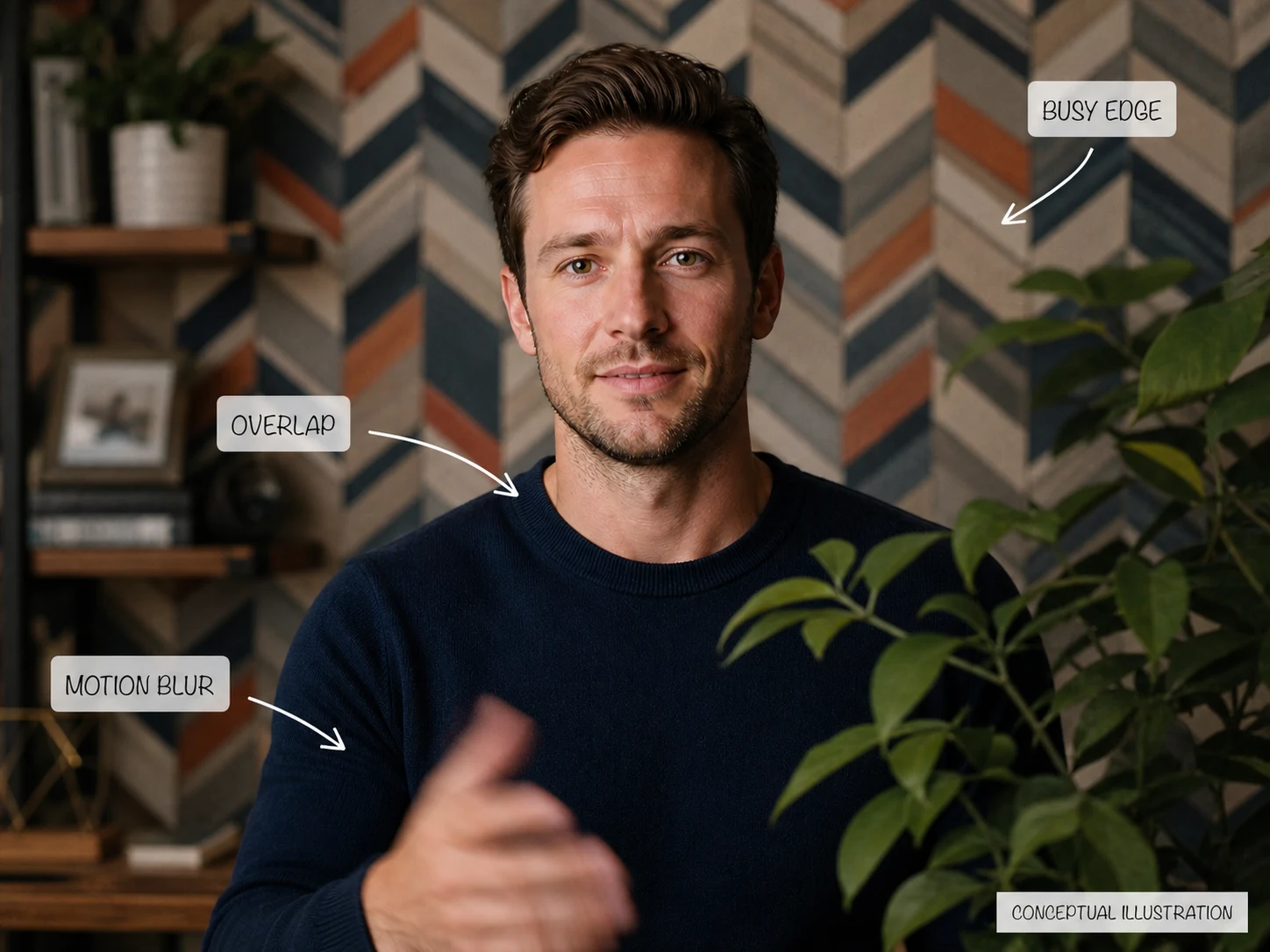 Avoid conceptual presenter source with crowded background, foreground overlap, and motion blur
