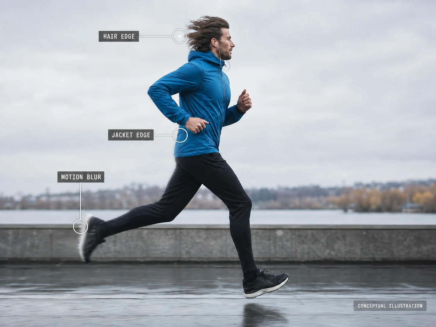 Conceptual fictional runner frame with hair, jacket edge, and motion-blur review callouts