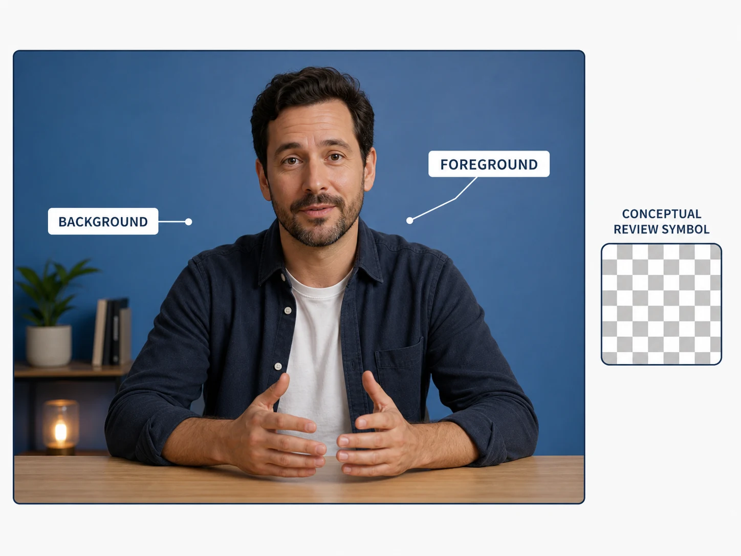 Conceptual split video frame showing a fictional presenter foreground, background area, and a checkerboard review symbol