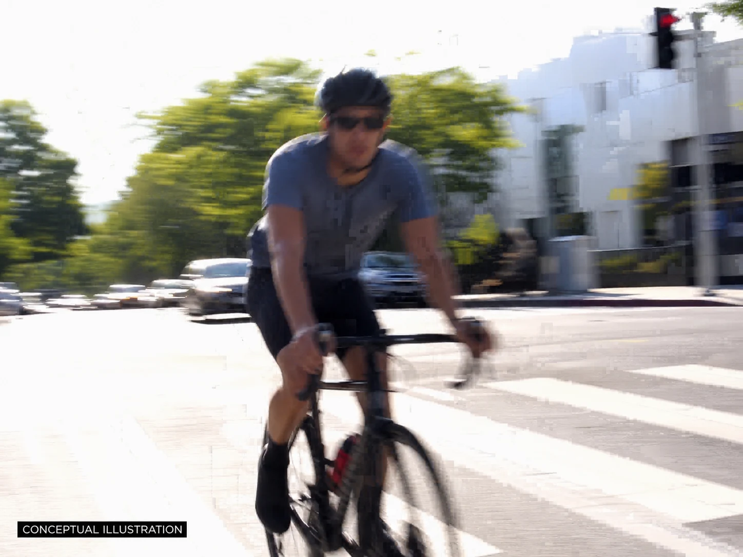 Avoid conceptual cyclist source with blur, clipped highlights, and compression blocks