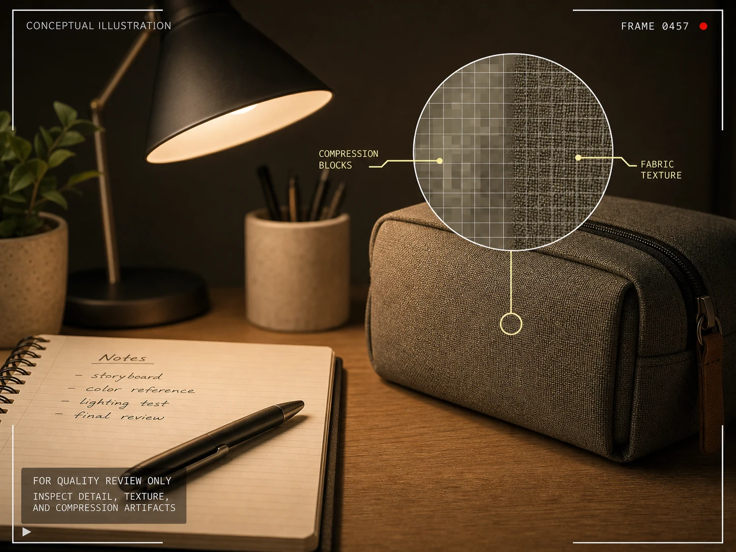 Conceptual desk video frame with a magnified grid for compression blocks and fabric texture review