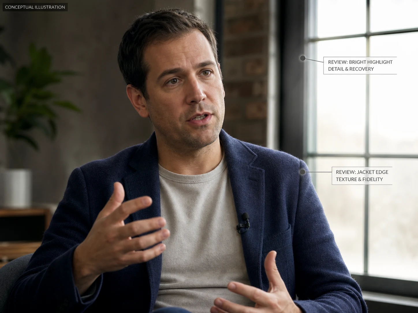 Conceptual interview frame with highlight and jacket-edge review callouts
