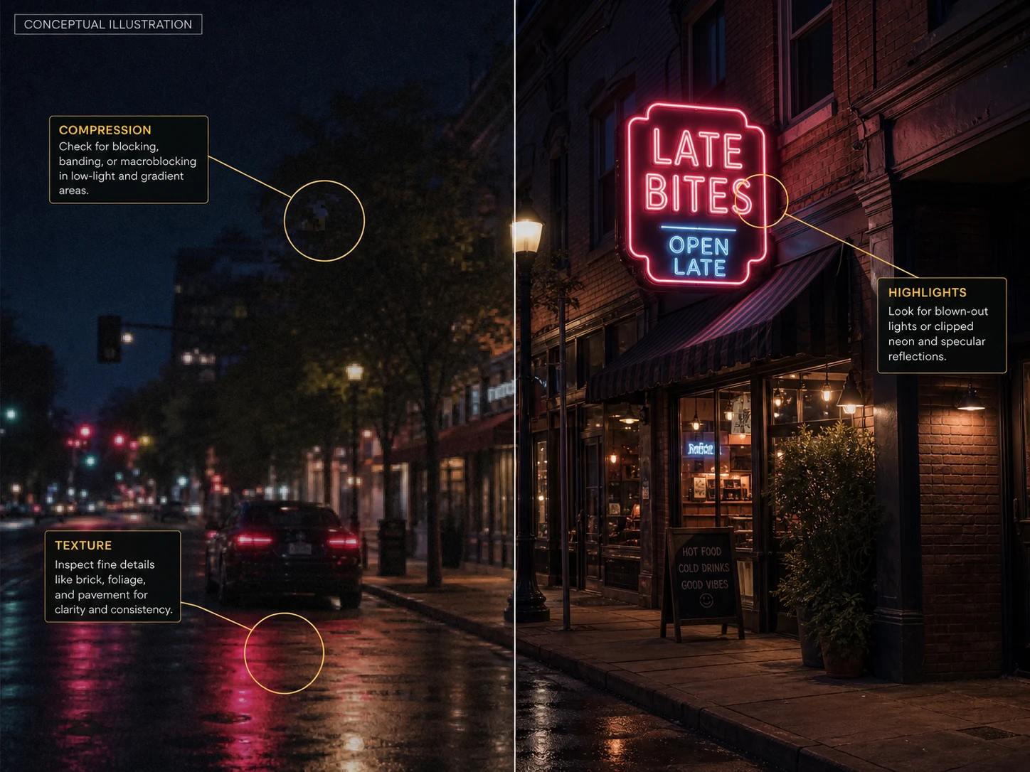 Conceptual split video frame showing a fictional street scene with compression, texture, and highlight inspection areas