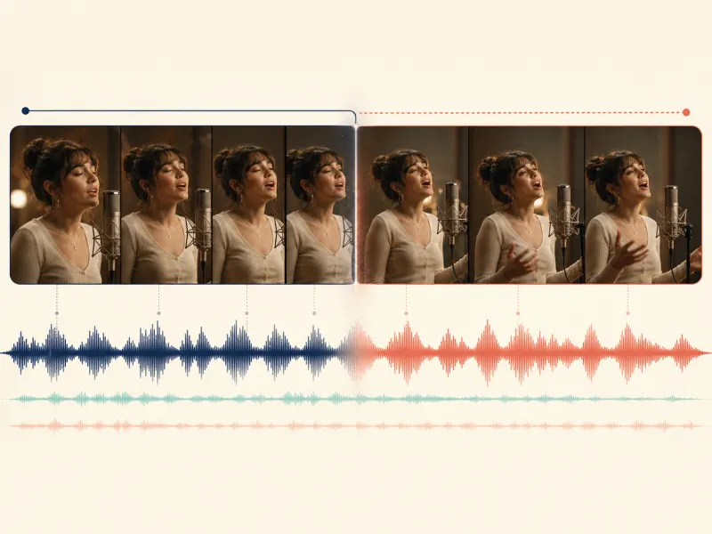 Conceptual singer video sequence with synchronized audio waveforms continuing through the extension