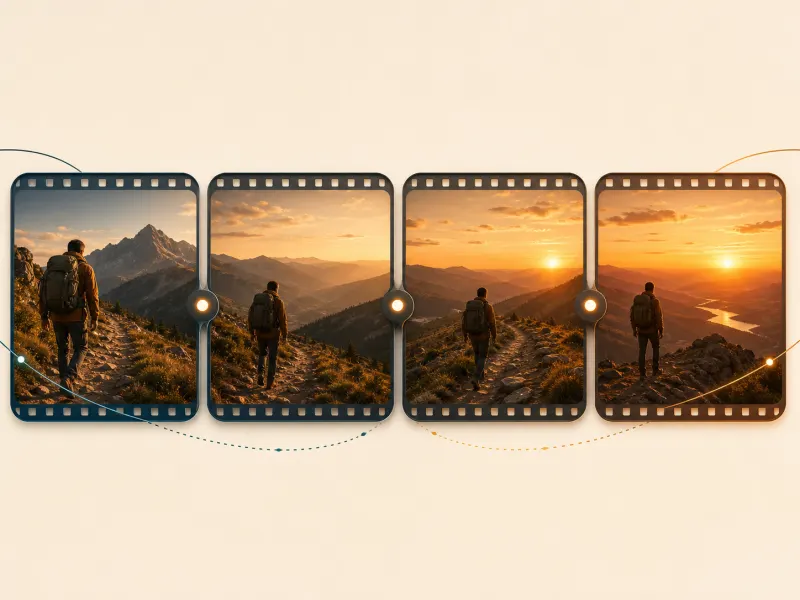 Conceptual connected film segments showing repeated extensions of the same mountain hike