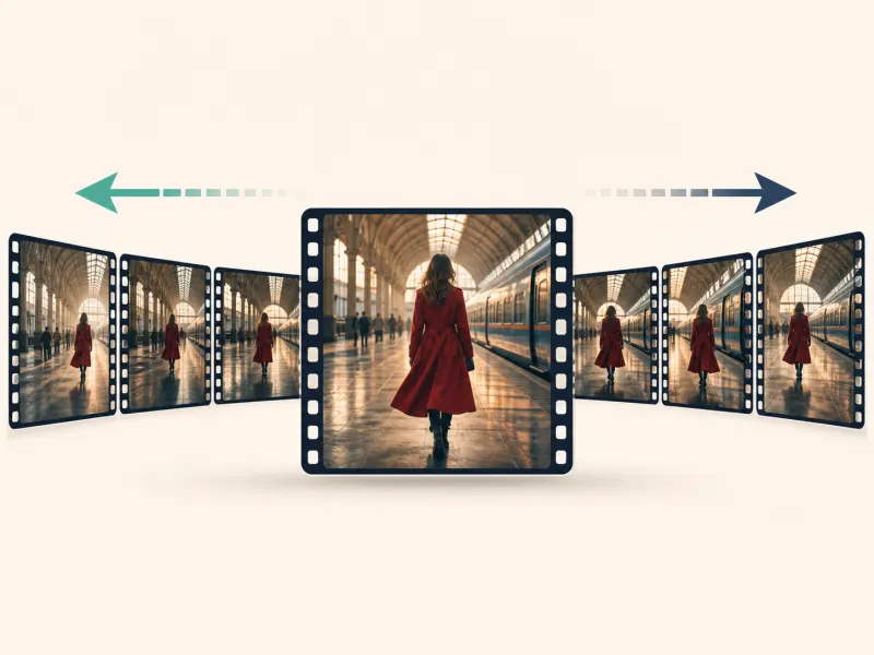 Conceptual film sequence extending backward and forward from one central train-station frame