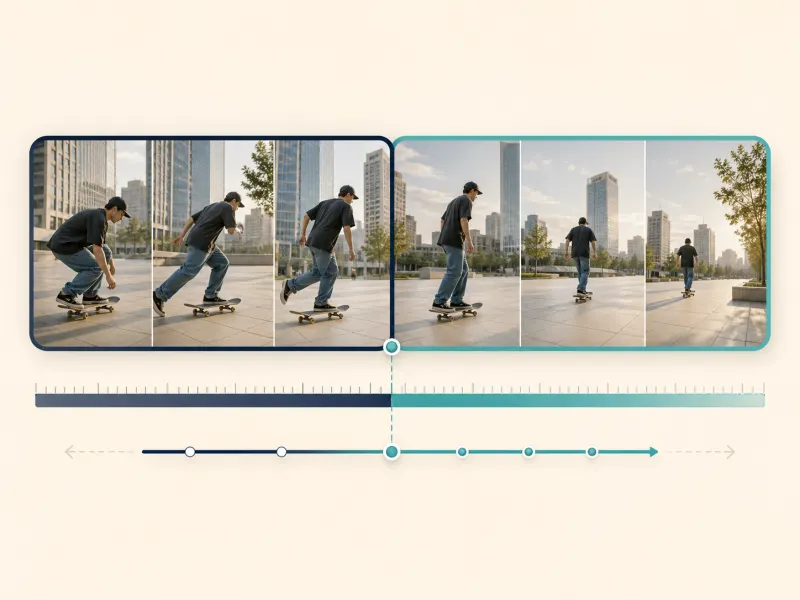 Conceptual video timeline showing an original skateboard clip followed by an adjustable generated extension