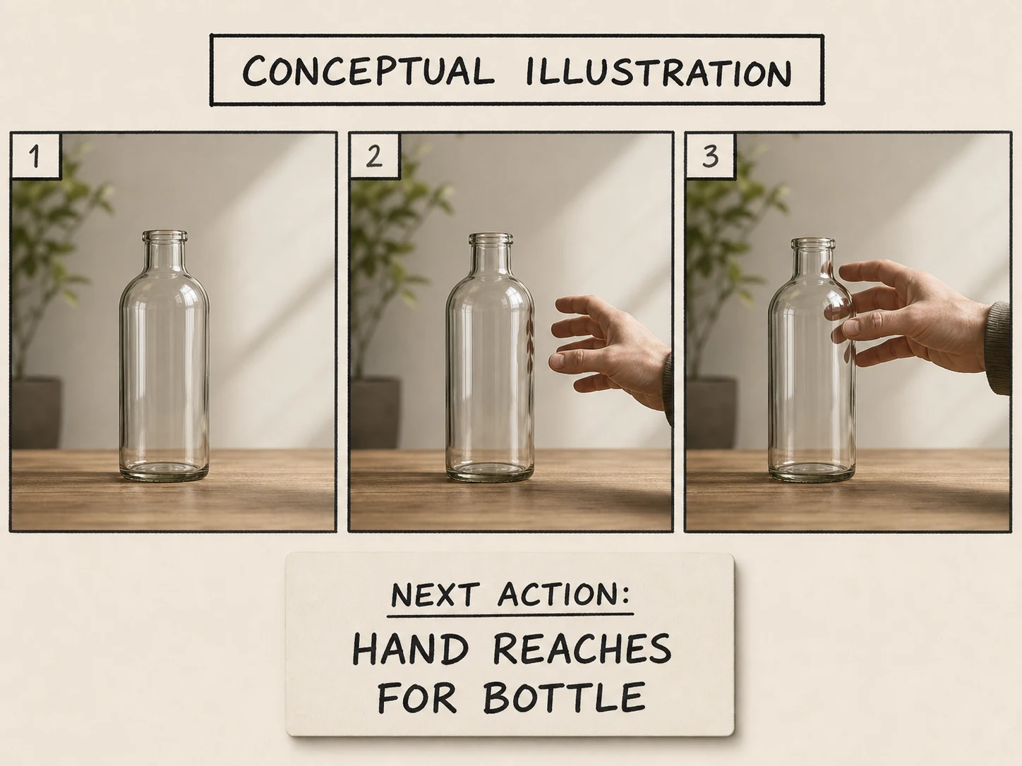 Conceptual bottle storyboard with a hand reaching in and a next-action direction card