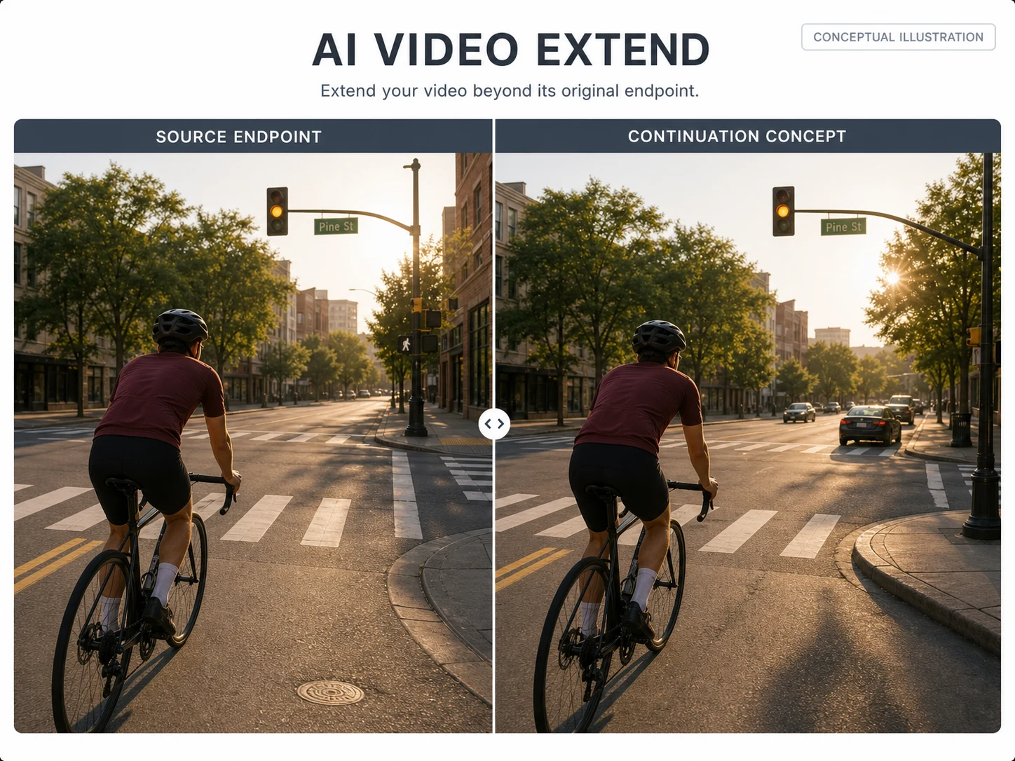 Conceptual split video frame showing a cyclist at the source endpoint and a proposed continuation direction