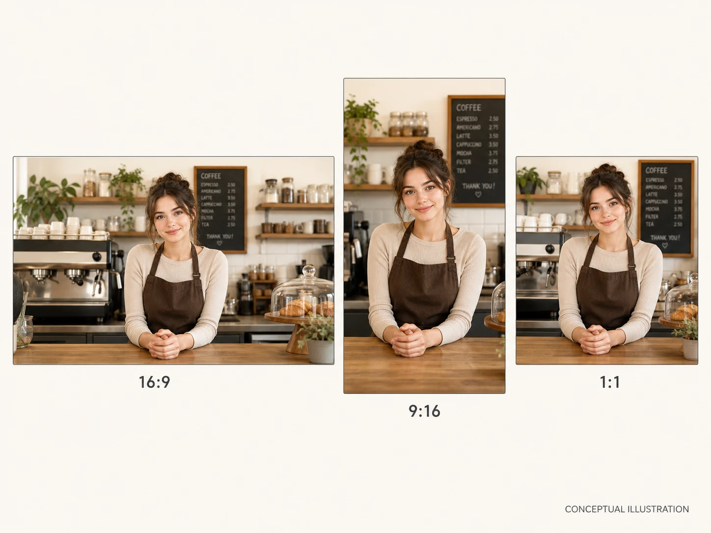 Conceptual framing map showing one fictional café presenter in 16:9, 9:16, and 1:1 frames