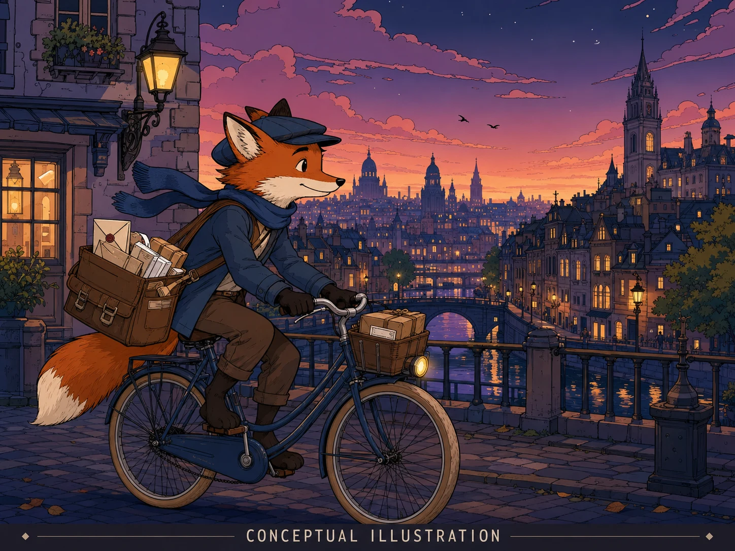 Conceptual original animated fox courier video frame with outlined characters and color boundaries for review.