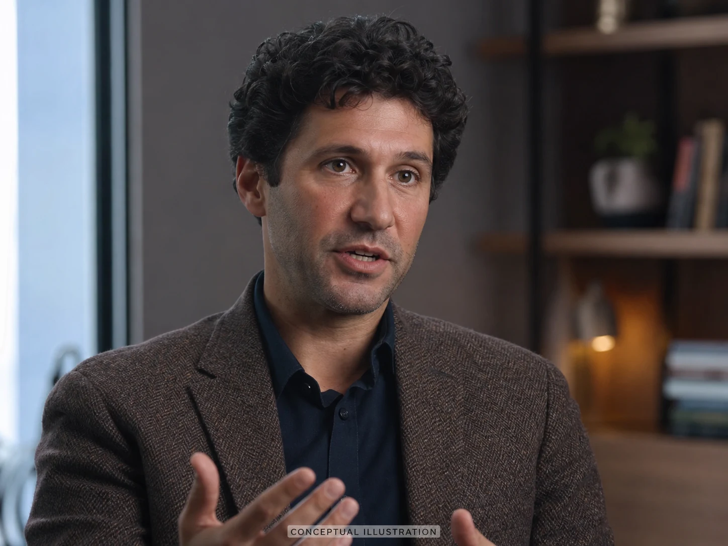 Conceptual fictional interview video frame with hair, eyes, and jacket texture intended for close review.