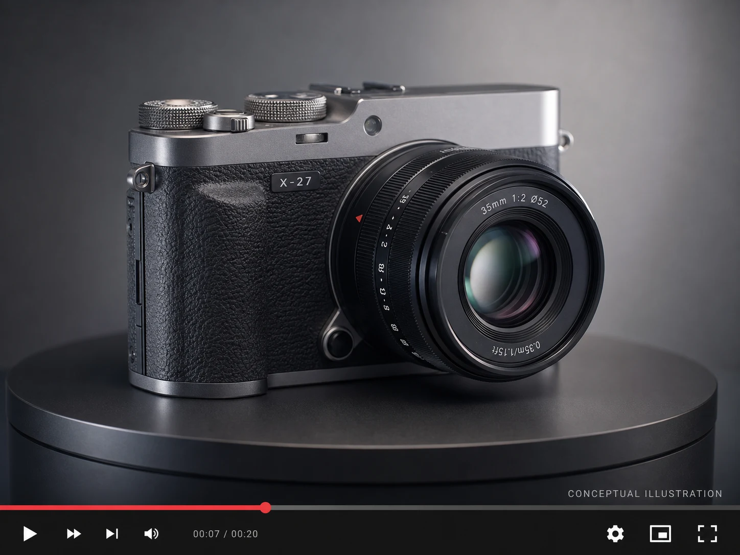 Conceptual camera product video frame with fine metal edges, dials, and label areas for detail review.