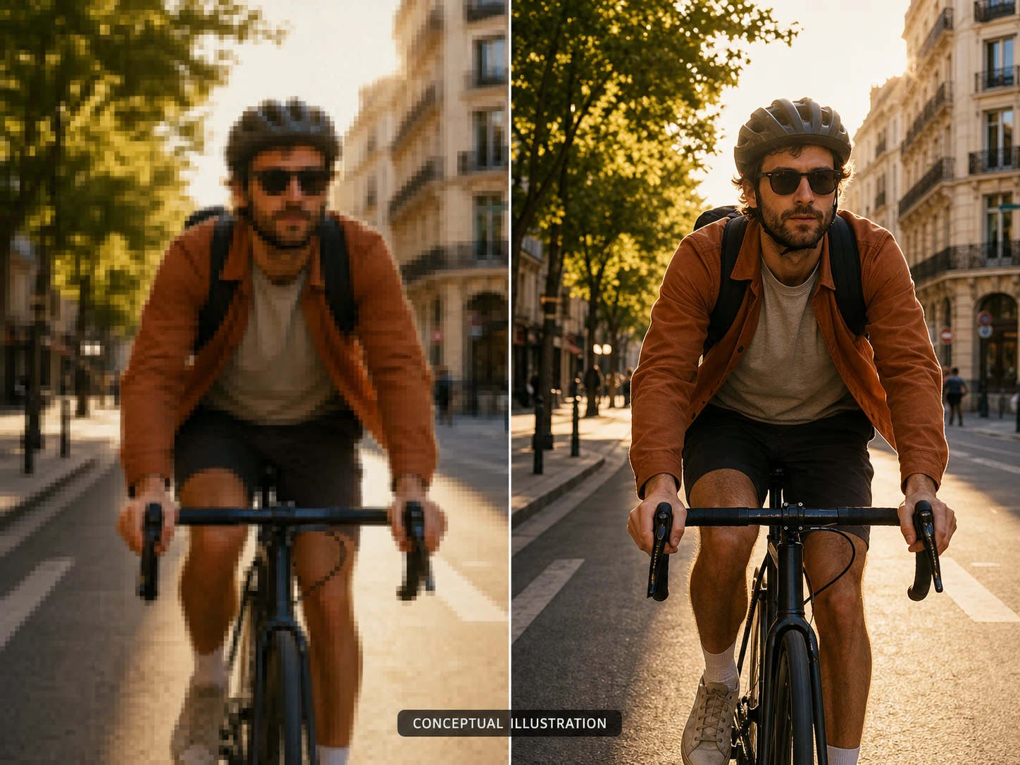 Conceptual video-upscaling comparison of a cyclist scene with a soft source frame and a clearer enlarged frame.